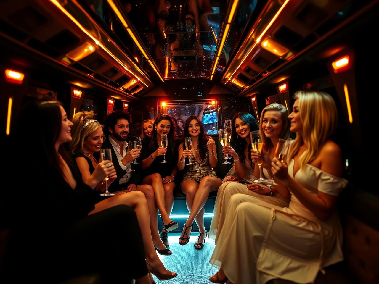 Group celebrating inside party bus
