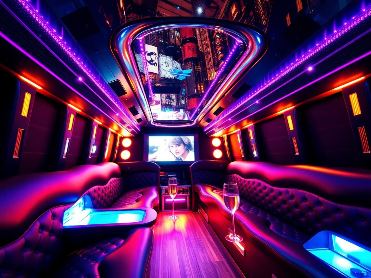 Luxury party bus interior with LED lighting